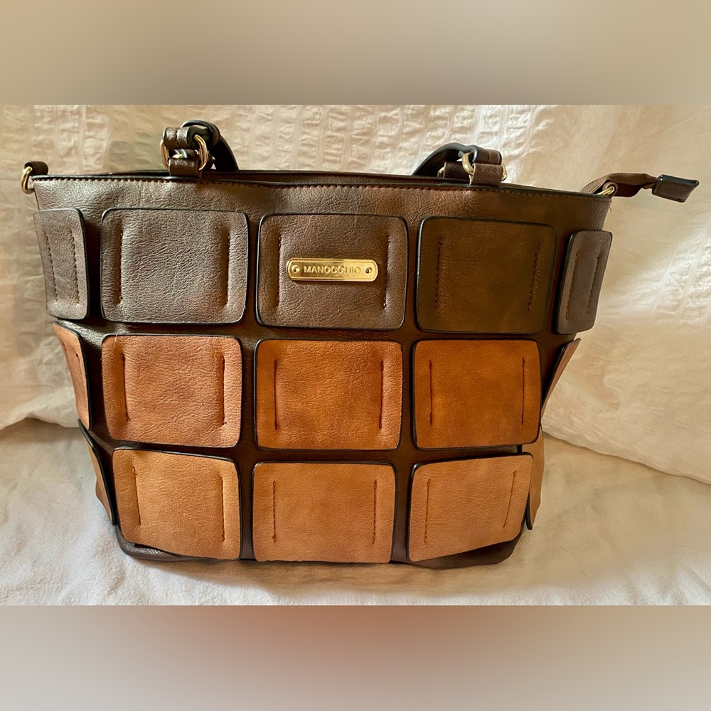 Manocchio Patchwork Leather Tote Bag – Brown & Tan – With Strap